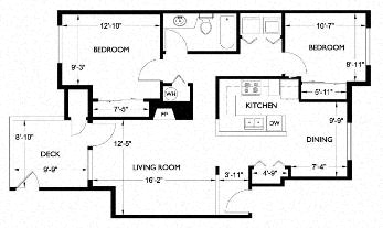 Floor plan for 2 beds, 1 bath, 943 sqft